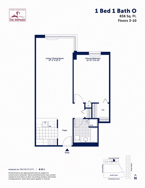 Floor plan for 1 bed, 1 bath, 836 sqft